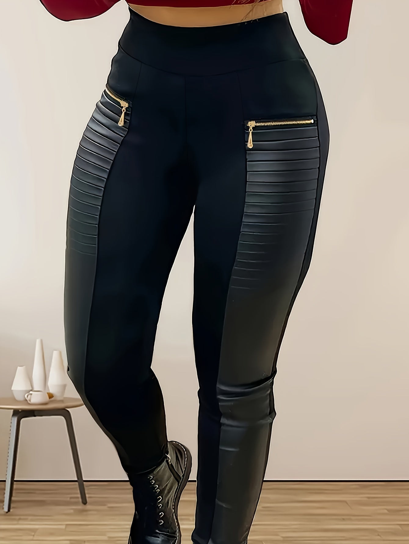 Chic High-Waist Skinny Pants with Faux Leather Zip Detail - Stretchy Patchwork, Long Pants