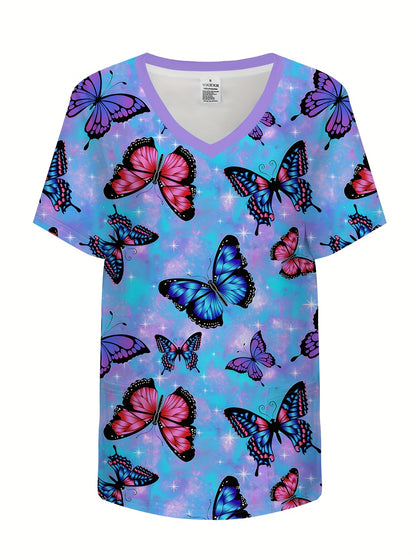 Women's Butterfly Print V-Neck Medical Scrub Top with Functional Pockets - Casual Polyester Healthcare Uniform