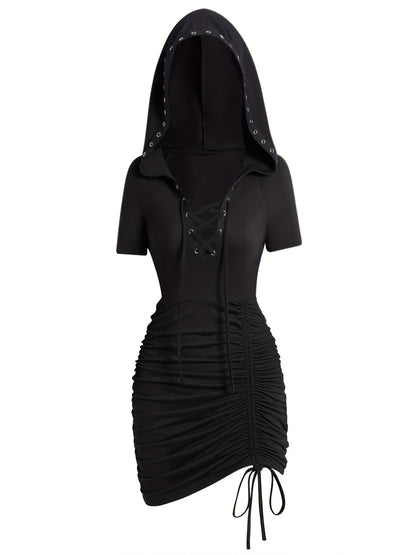 Plus Size Women's Solid Color Gothic Style Tie-Waist Ruffled Long Sleeve Hooded Dress, Polyester and Elastane, Machine Washable