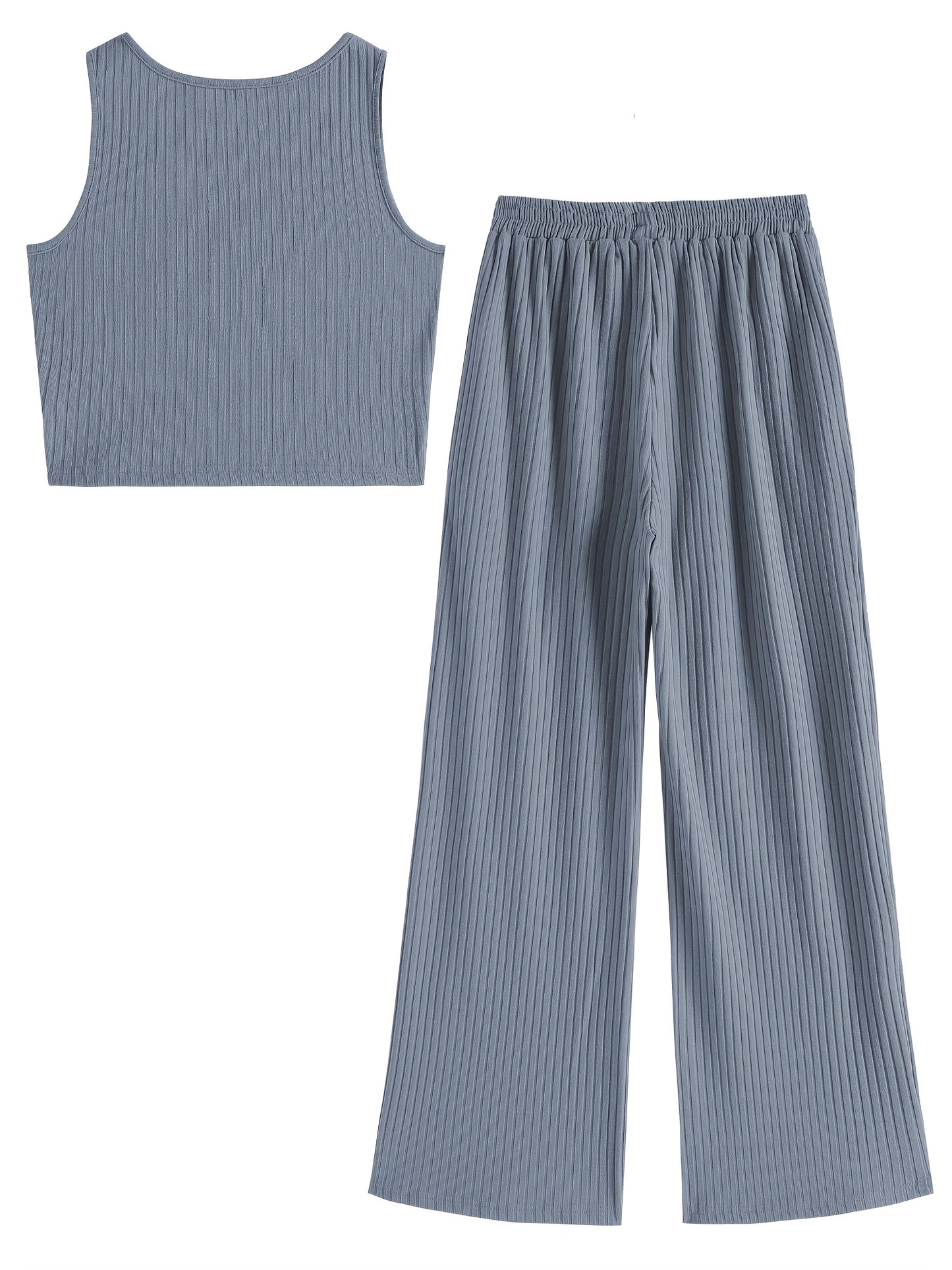 Women Two Piece Pajamas Set O Ring Solid Ribbed Knit Crop Tank Top Wide Leg Pants Set