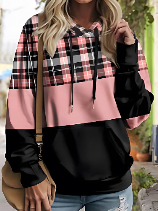 Sudadera informal de talla grande: diseñada para mujeres con figuras curvilíneas, estampado de cuadros con bloques de colores vibrantes, manga larga para mayor cobertura y comodidad, capucha ajustable con cordón, perfecta para ocasiones informales