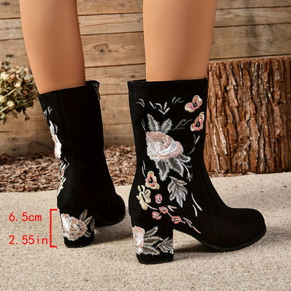 Women's Flower Pattern Chunky Heel Boots, Fashion Side Zipper Dress Boots, Women's Stylish Ankle Boots - LuxyXO