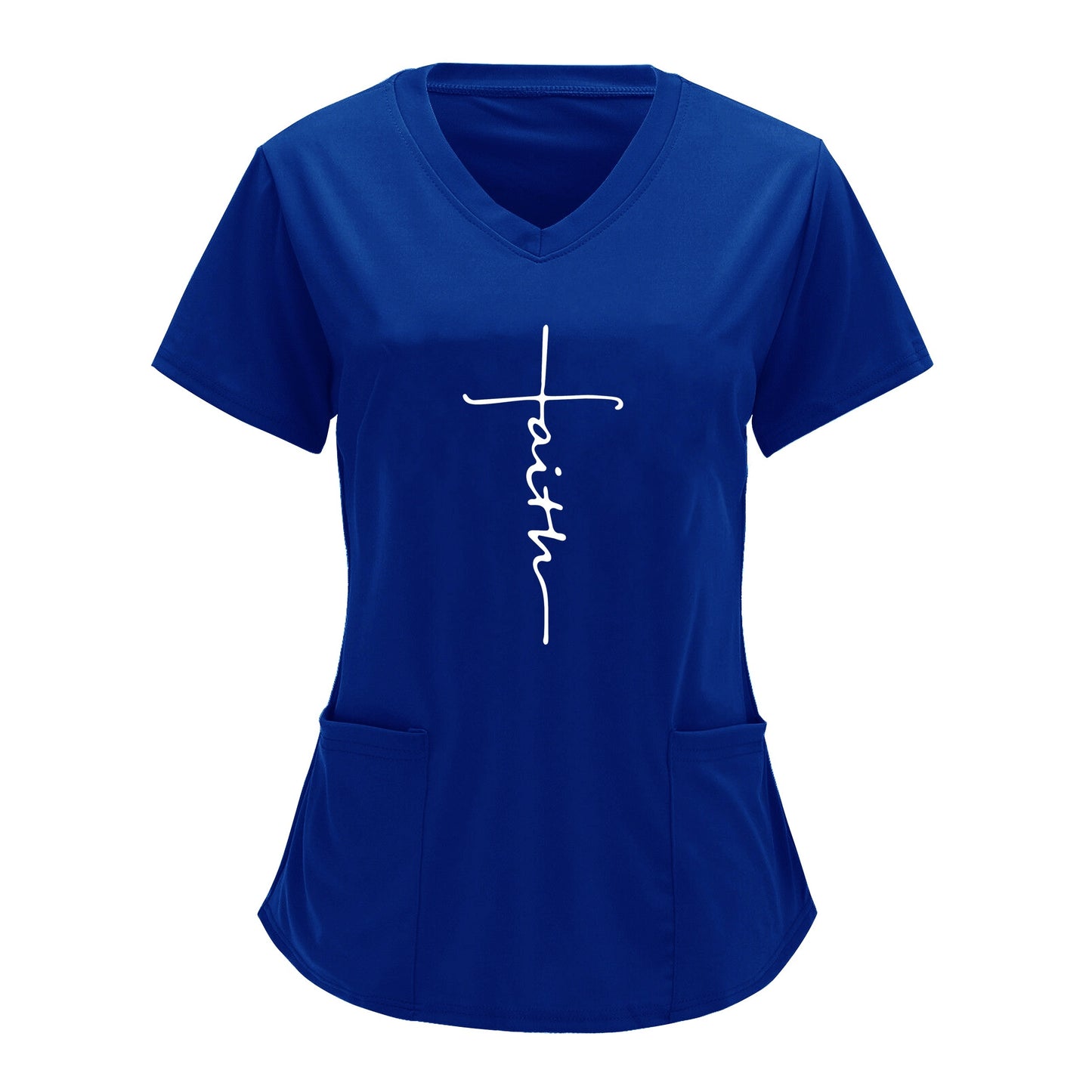 Fashionable women's V-neck blue scrubs top with "faith" letter print and practical patch pockets for health care professionals.