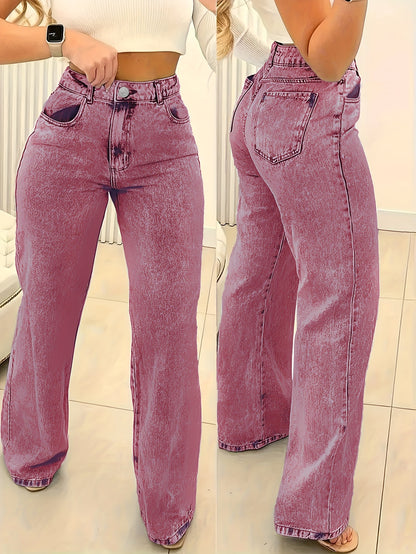 Chic Snowflake Washed Denim Jeans for Women - High-Waisted, Wide Leg, Non-Stretch, Machine Washable