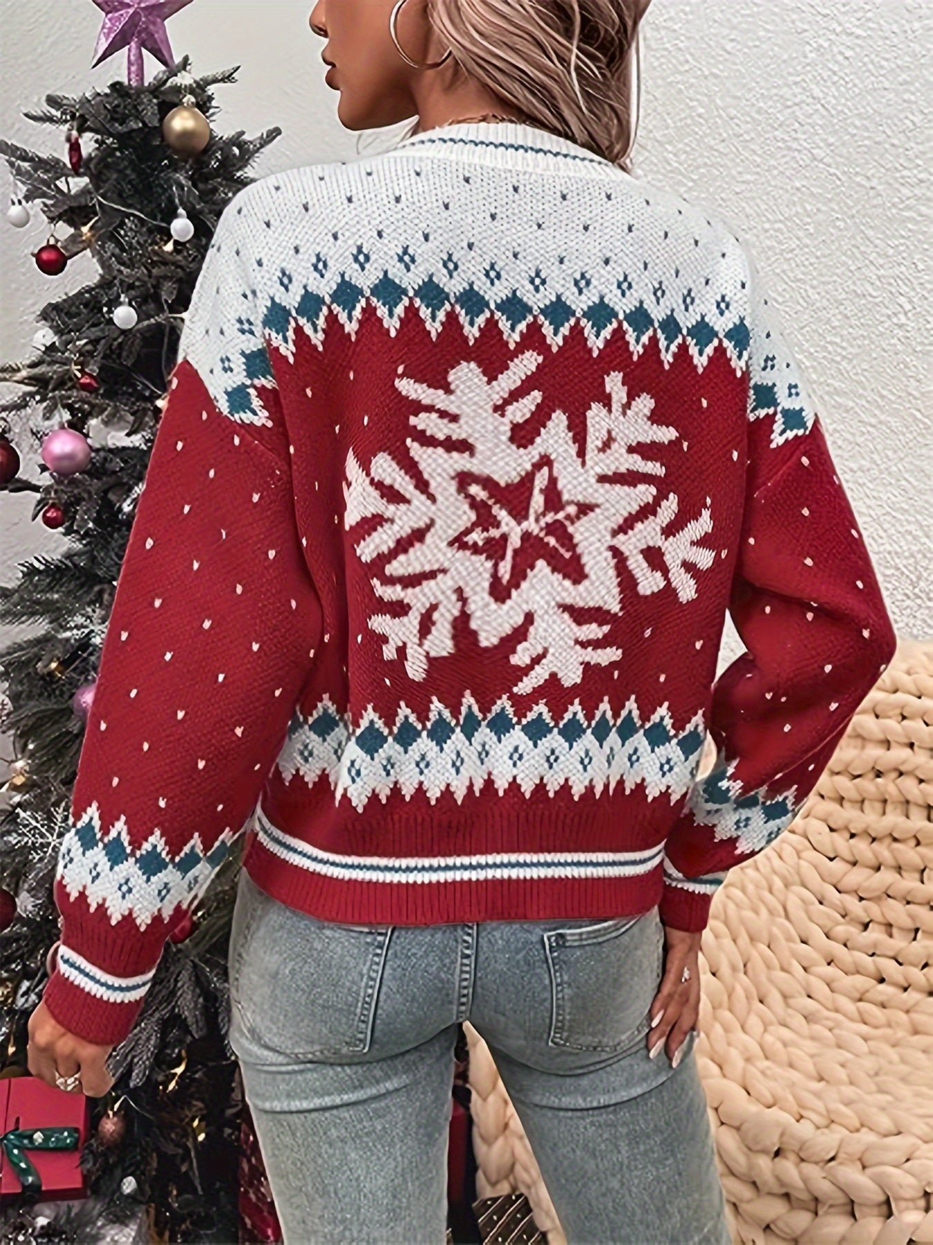 Christmas Snowflake Pattern Knitted Sweater, Casual Long Sleeve Crew Neck Sweater, Women's Clothing