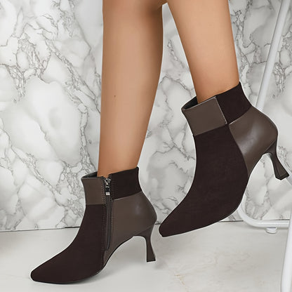 Botines elegantes de tacón de aguja marrón para mujer: zapatos de vestir de punta puntiaguda y tacón alto con cremallera lateral para uso diario y ocasiones especiales