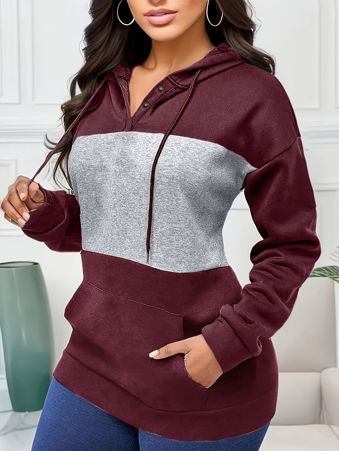 Drop Shoulder Color Block Hoodie, Casual Long Sleeve Hoodies Sweatshirt, Women's Clothing