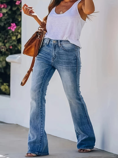 Pantalones vaqueros elásticos de pierna acampanada de talla grande: cierre de botón con cremallera cómodo, estilo casual azul lavado, tela suave, ajuste relajado, pantalones y ropa de mezclilla para mujer