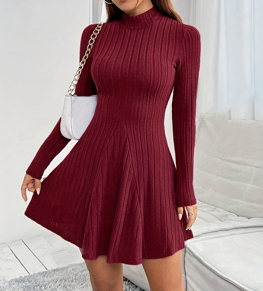 Elegant High Neck Ribbed Knit Dress for Women - Polyester Blend Winter Fitted Long Sleeve Solid Color Dress