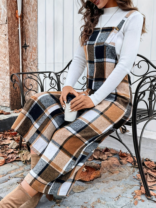 Elegant Plaid Print Wide-Leg Overalls - No T-Shirt Included - Spring/Summer/Autumn Season - Polyester Material - Woven Fabric - Button Detail - Back Straps - Women's Fashion