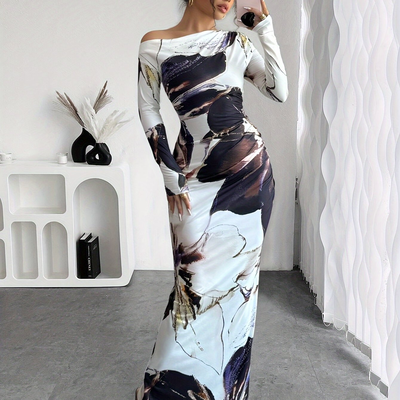 1pc Elegant Floral Print Asymmetrical Off-the-Shoulder Long Sleeve Bodycon Dress for Women - Polyester Knit Fabric, Long Length, Straight Hem, Skinny Fit, No Belt, Spring/Fall Collection