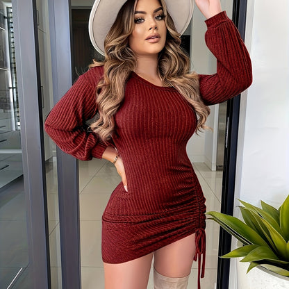 Women'S Sexy Midi Bodycon Dress, Long Sleeve Off Shoulder Knit Fabric, Drawstring Ribbed Polyester Spandex Blend