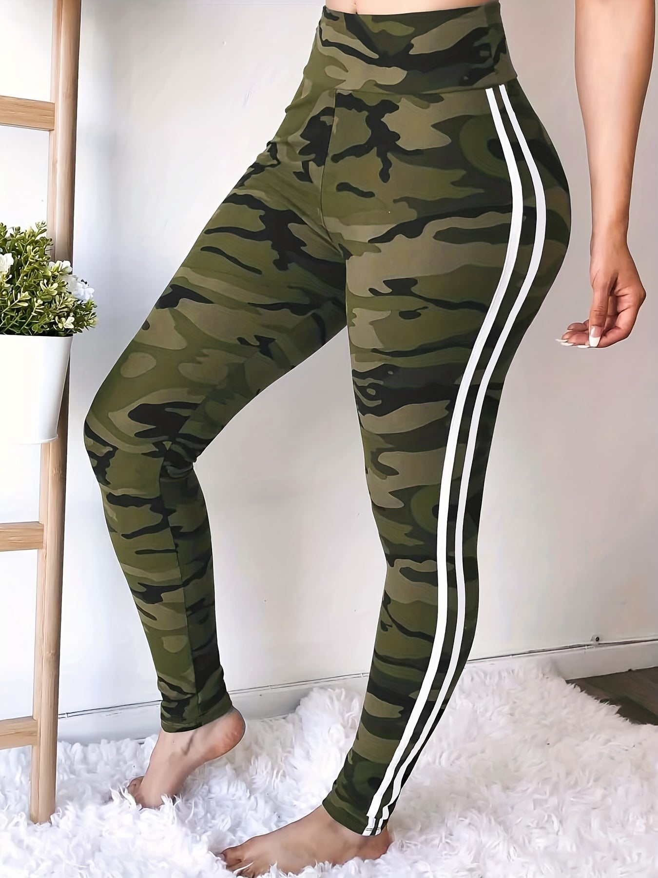 Plus Size High Waisted Camo Print Sports Leggings - Moisture-Wicking, Four-Way Stretch, Side Striped, Comfortable, Breathable, Yoga Fitness Pants for Women - Spring/Autumn Season Wear