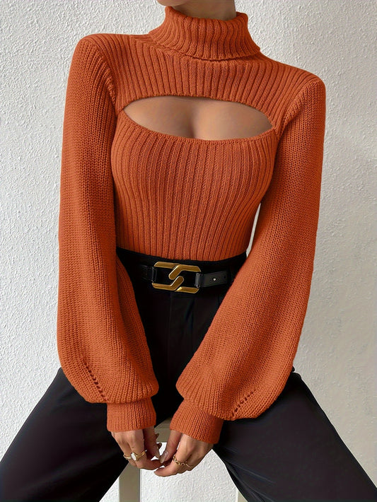 Stylish Plus Size Turtleneck Lantern Sleeve Cut Out Knitted Sweater