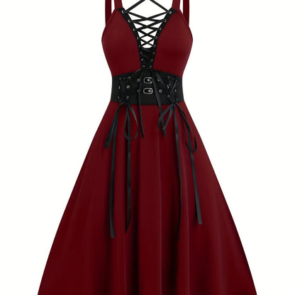 Elegant Gothic-Inspired Plus Size Dress with Lace-Up Detail, Deep V-Neck & High Waist A-Line Design - Perfect for Spring/Summer