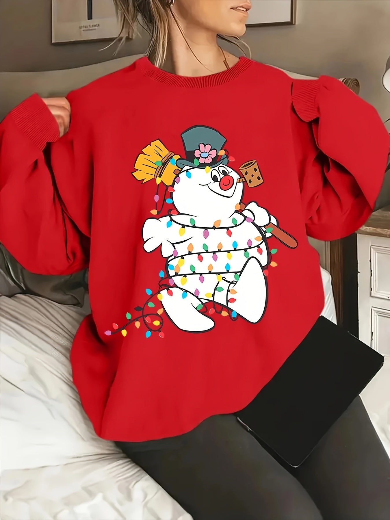 Women's Christmas Snowman Print Long Sleeve Sweatshirt, Casual Round Neck, Polyester Knit Fabric, Festive Holiday Fashion Top for Fall/Winter