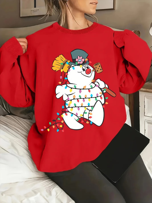 Sudadera de manga larga con estampado de muñeco de nieve navideño para mujer, cuello redondo informal, tejido de punto de poliéster, top festivo de moda para otoño/invierno