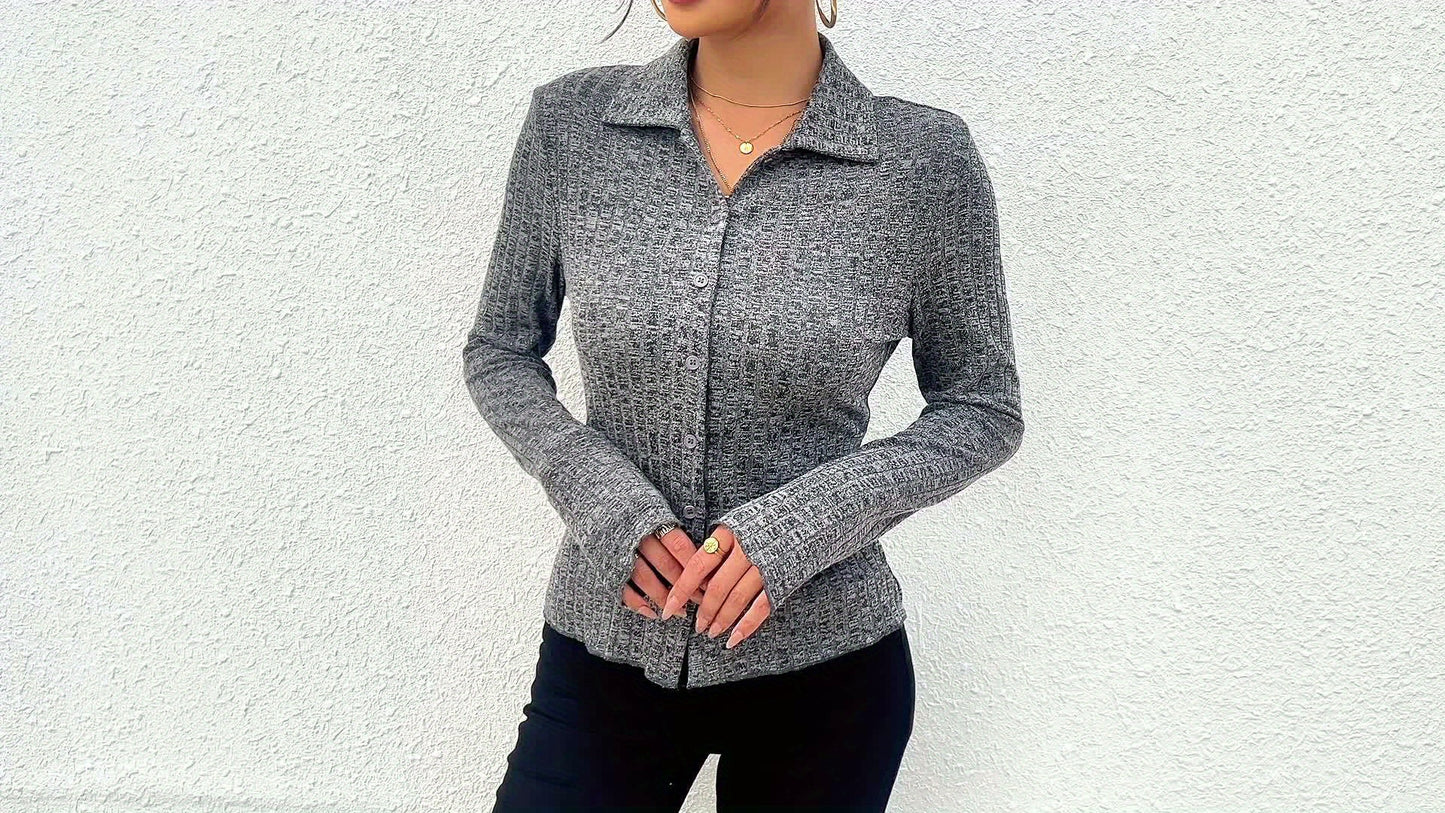 Cárdigan de punto liso elegante para mujer, cuello vuelto, botones suaves, manga larga, corte ajustado, ropa informal elegante y moderna