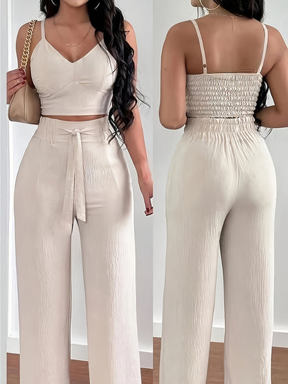 Women's Elegant Solid Color Polyester Off-Shoulder Top and Wide Leg Pants Set