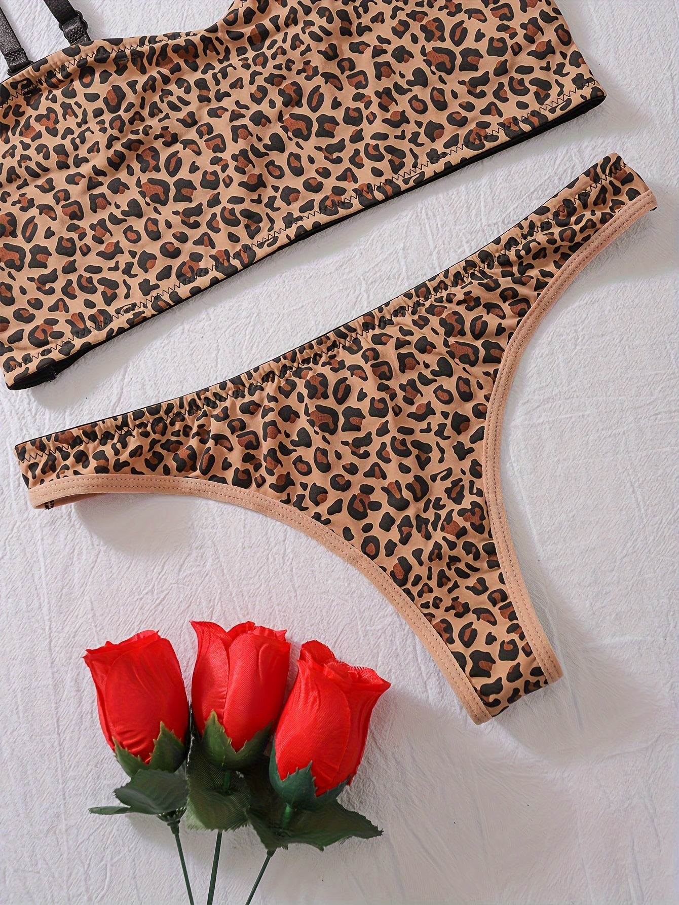 Sultry Leopard Print Lingerie Set - Full Coverage Camisole Bra & Thong - LuxyXO