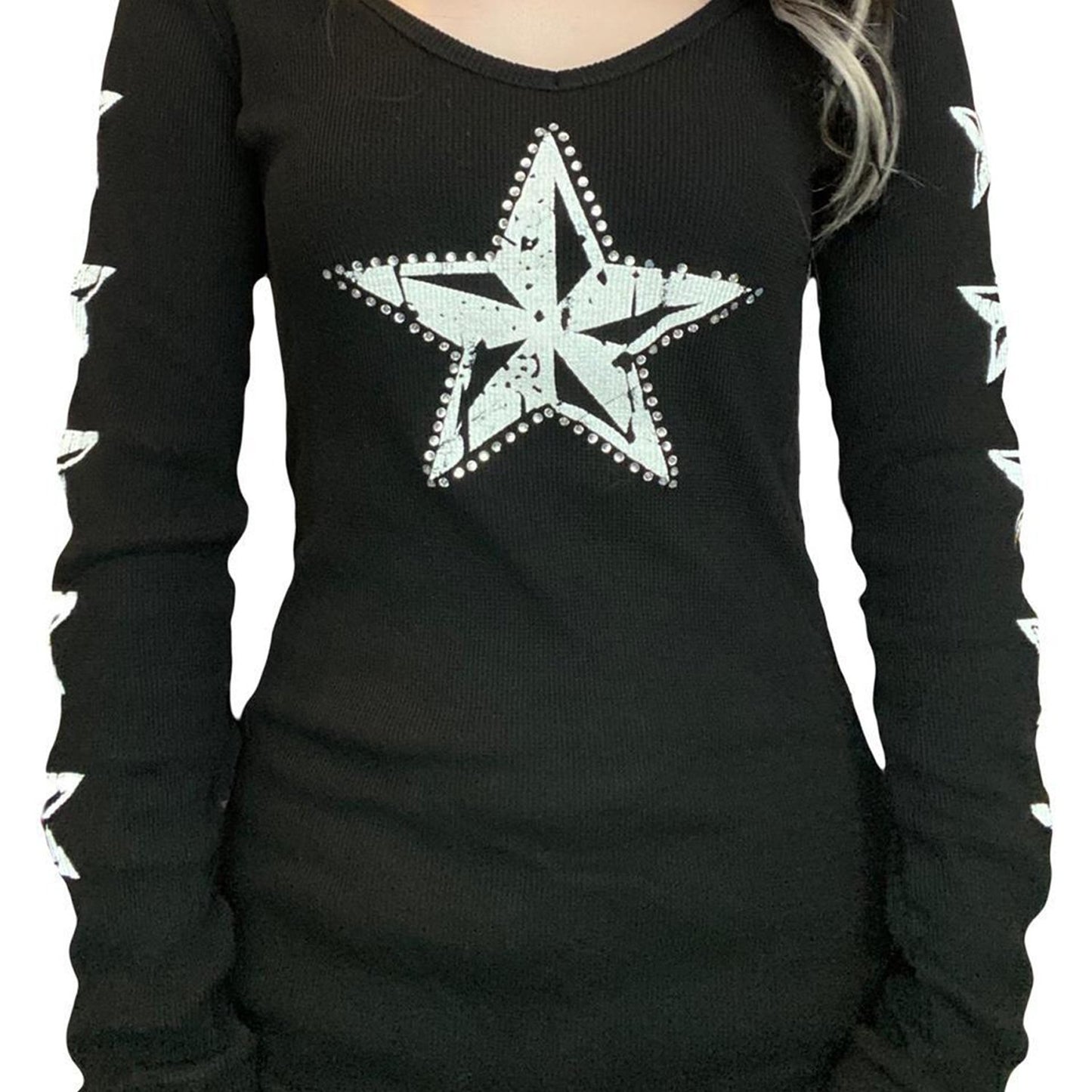 1 camiseta de manga larga para mujer estilo Y2K, cuello redondo de punto de poliéster con estampado de cielo estrellado, top gótico informal de corte ajustado para todas las estaciones