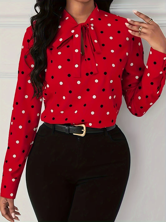 Blusa elegante con estampado de lunares y cuello anudado: elegante blusa de manga larga para mujer para las temporadas de primavera y otoño, prenda clásica con escote favorecedor y tela cómoda