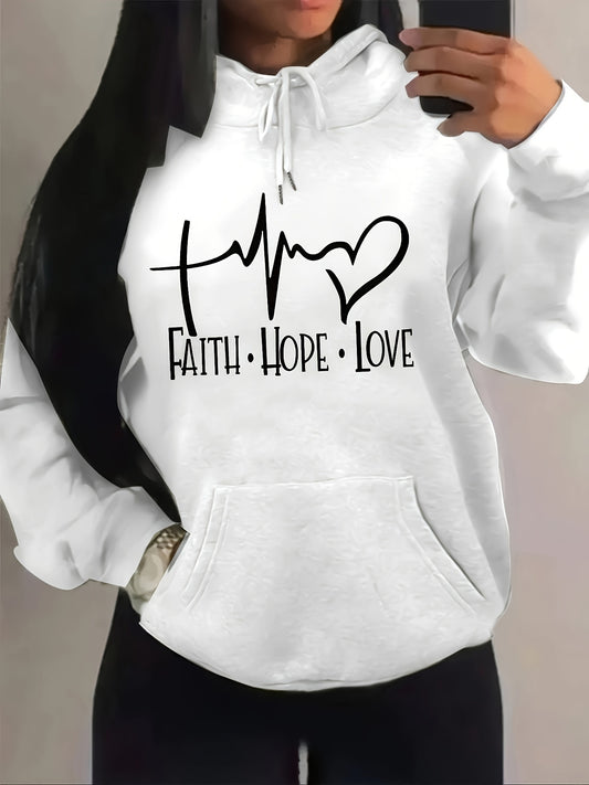 Heart & Letter Print Drawstring Hoodie, Casual Long Sleeve Hooded Sweatshirt, Women's Clothing