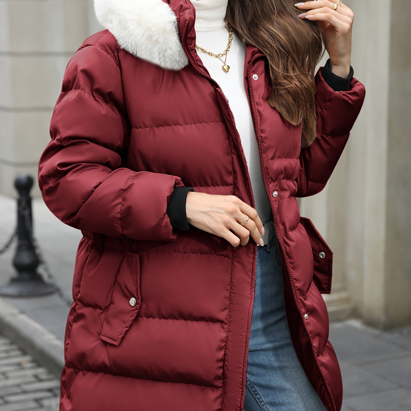 1pc Women'S Casual Hooded Puffer Jacket - Solid Color, Long Sleeve, Regular Length, Non-Stretch Polyester, Woven, Zipper Detail, Placket Closure, H-Fit for Fall/Winter