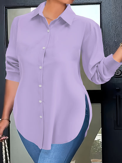 Elegant Women'S Plus Size Shirt - Polyester Long Sleeve Lapel Collared Button-Down Flared Hem Top with Slight Stretch