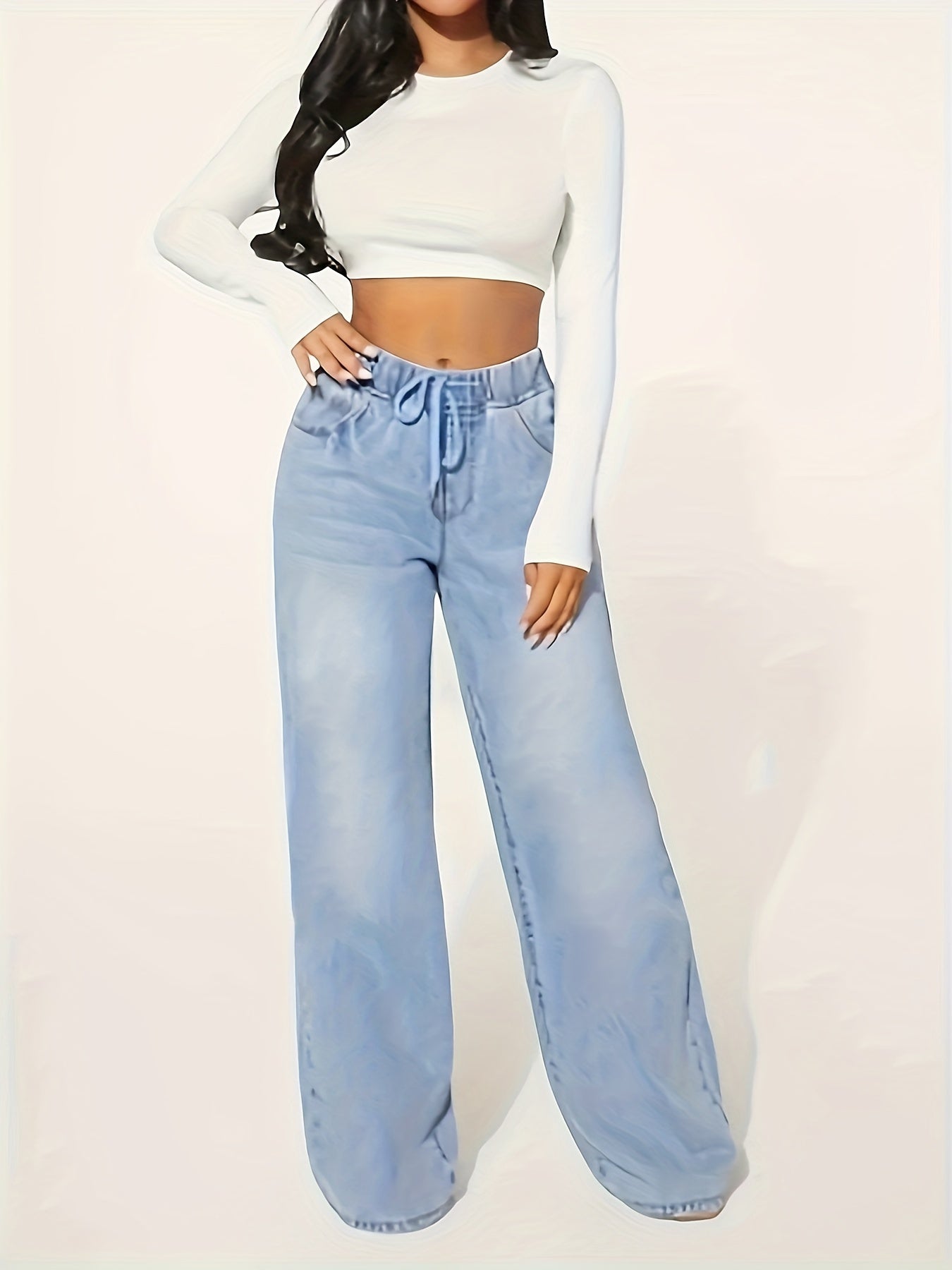 Soft Relaxed Fit Washed Denim Jeans - Elastic Waist, Drawstring Jeans - LuxyXO