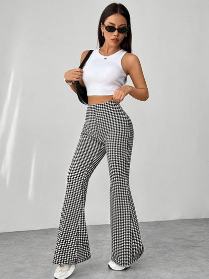 Stylish Houndstooth Flare Leg Pants