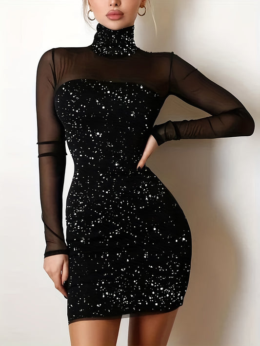 Vestido ajustado con escote en V y aberturas transparentes sensuales: vestidos de noche sexys de cuello alto y manga larga para mujer: diseño ajustado, elástico, de color sólido y sin espalda para salir por la noche