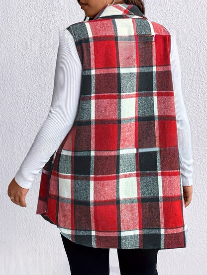 Chaleco elegante a cuadros de talla grande: sin mangas, con cuello, botones en la parte delantera, diseño elegante para primavera y otoño: ropa cómoda para mujeres con curvas