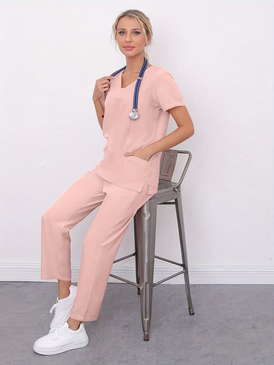 Solid Two-piece Set, Short Sleeve V Neck Scrub T-shirt & Pants Outfits For Medical Care, Women's Clothing