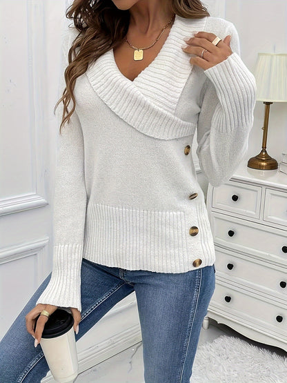 Suéter elegante sin mangas con cuello en V, decoración con botones falsos, tejido de poliéster de elasticidad media, lavable a máquina, color sólido, estilo personalizado para las temporadas de primavera y otoño