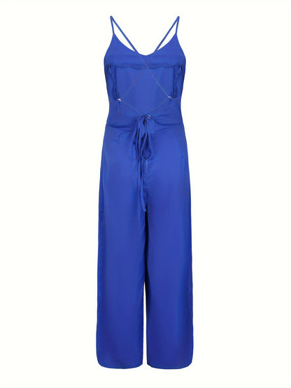 Cross Tie Back V-neck Jumpsuit, Sexy Solid Backless Jumpsuit