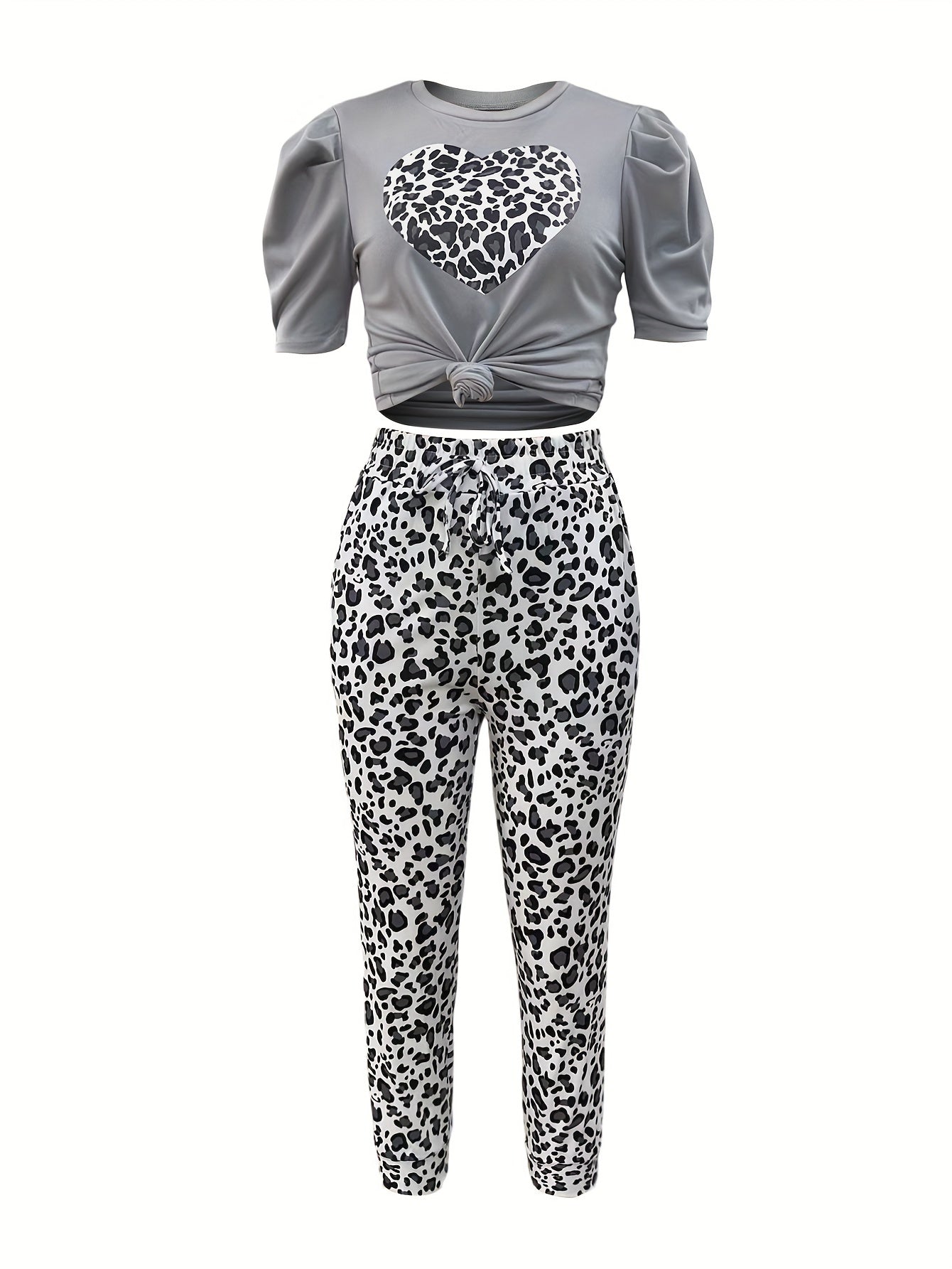 Spring/Summer Leopard Print Vacation Outfit Set - Crew Neck Short Sleeve Top with Drawstring & Mid Elasticity Allover Print Pants - Machine Washable, Polyester, Knit Fabric, Random Printing, No Sheer