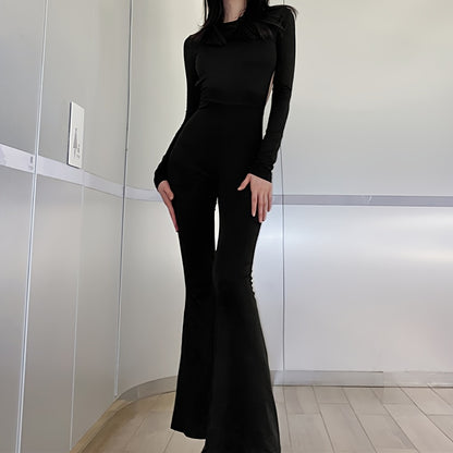 Black Simple Casual High Elastic Tight Sexy Backless Long-Sleeved Straight-Leg Wide-Leg Jumpsuit