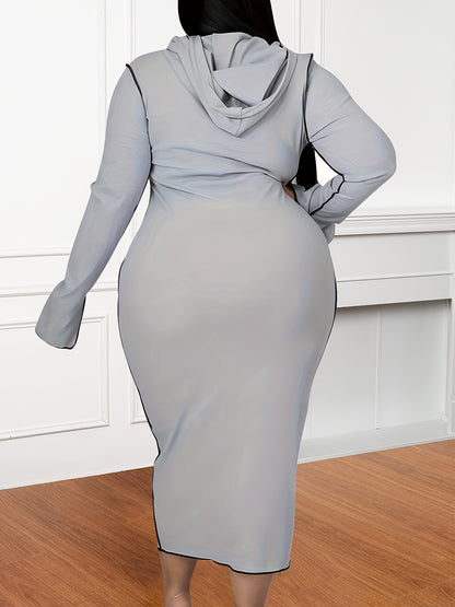 Stylish Plus Size Women's Long Sleeve Grey Hooded Bodycon Dress - Machine Washable, Elegant & Comfortable