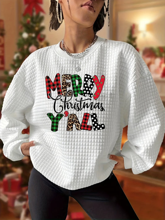 Cozy Women's Christmas Print Waffle Pullover Sweatshirt - Casual Long Sleeve Crew Neck for Fall & Winter