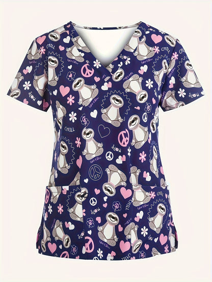 Sloth Print V-Neck Comfort Scrub Top - Soft, Breathable, and Functional Healthcare Uniform for Women - Perfect for Hospital, Dental Office, and Medical Professionals