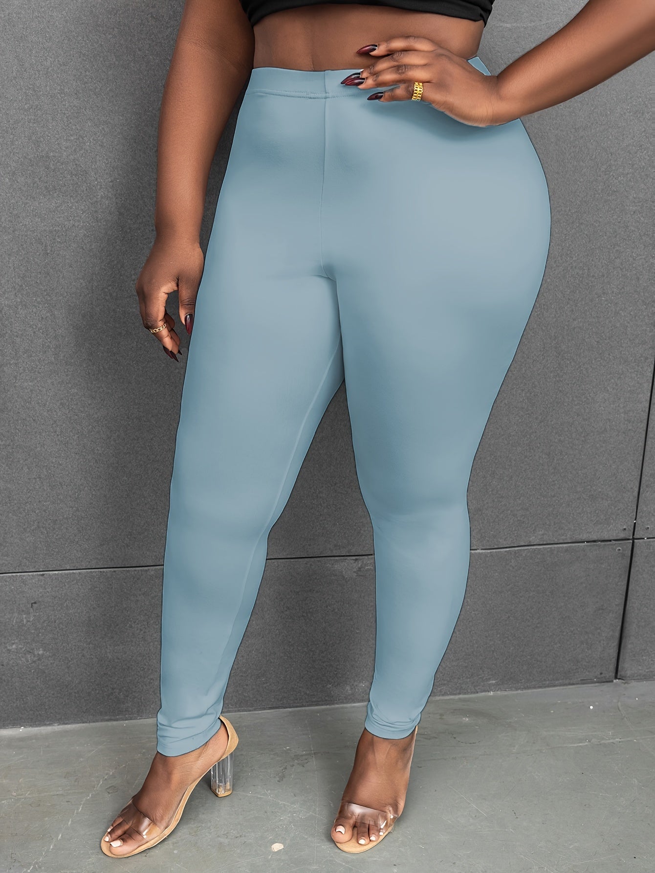 Plus Size Basic Leggings, Solid Elastic High Rise High Stretch