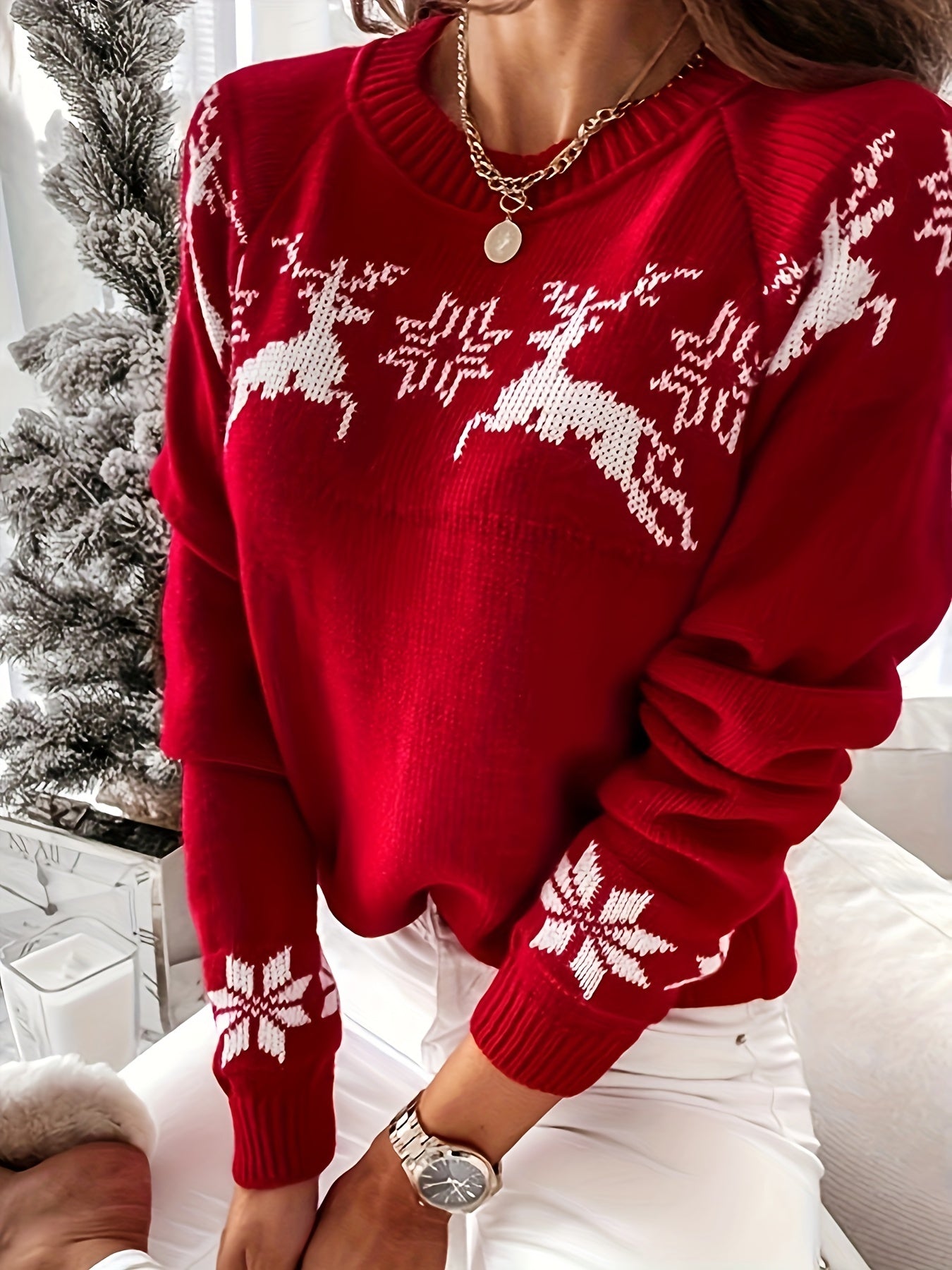 Cozy Christmas Crew Neck Pullover Sweater - Soft Micro Elastic Polyester Knit Fabric, Casual Long Sleeve Raglan Shoulder, Fall/Winter Seasonal Wear for Women - No Printing, Non-Sheer, Easy to Wear