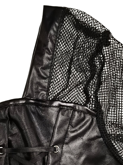 Women'S Plus Size Edgy Faux Leather Lace-Up Corset Top With Mesh Sleeves Gothic Punk Criss Cross Zip Up Top