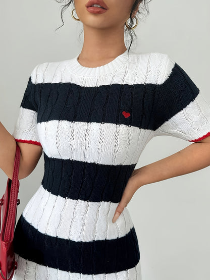 Chic Striped Knit Mini Dress for Women - Casual Short Sleeve, Round Neck with Color block Detail