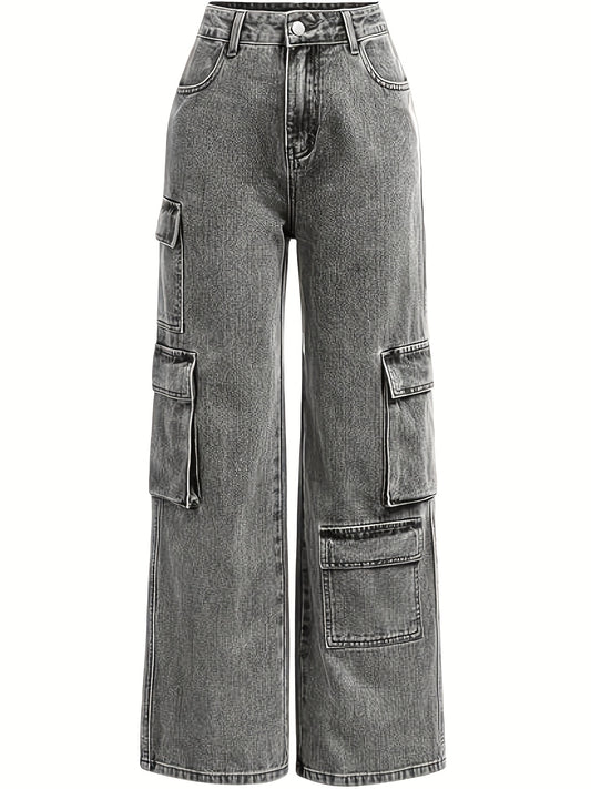 Chic High-Waist Straight Leg Cargo Jeans for Women - Comfortable Blend, Zip & Button Closure with Pockets, Denim Pants