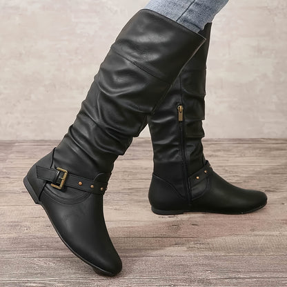 Retro Chic Pleated Knee-High Women's Boots with Buckle Detail, Comfortable Flat Heel & Easy Zip Closure, Versatile Western Style - LuxyXO