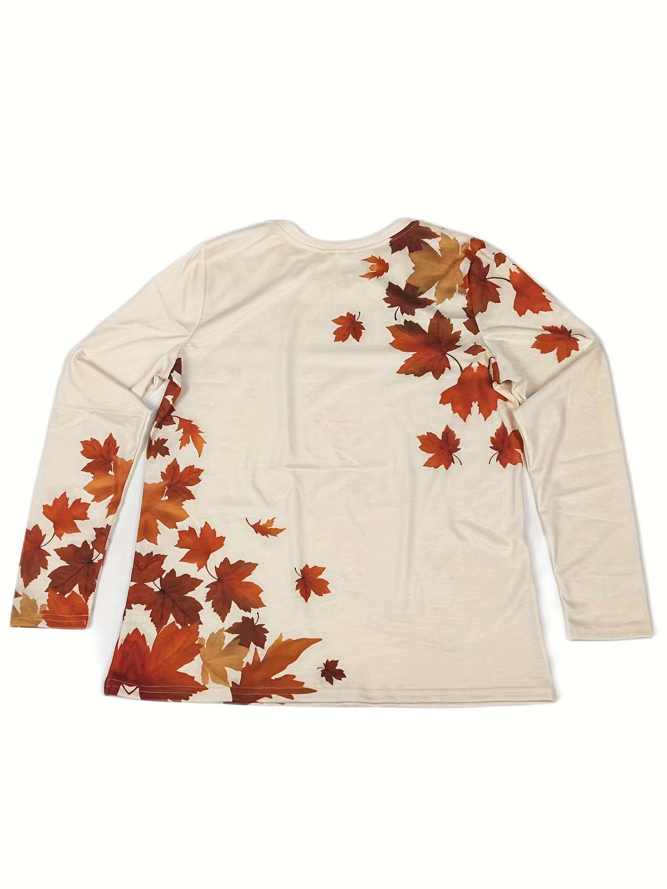 Cozy Maple Leaf Print Crew Neck T-Shirt - Classic Design, Relaxed Fit, Long Sleeves for Comfort - Perfect for Women, Spring and Fall Seasons