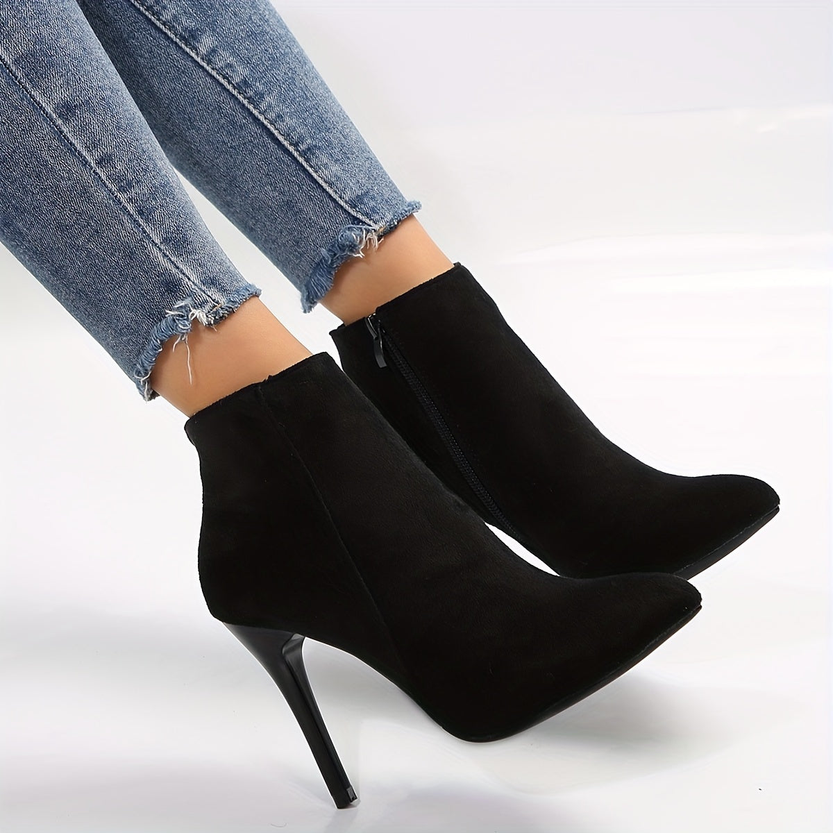 Chic All-Season Women's Stiletto Ankle Boots - Pointed Toe, Solid Color, Easy Zip Booties