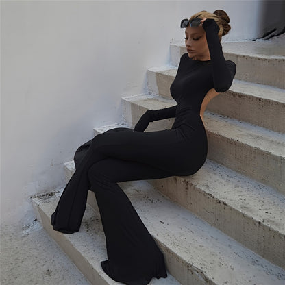 Black Simple Casual High Elastic Tight Sexy Backless Long-Sleeved Straight-Leg Wide-Leg Jumpsuit